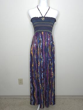 COOGI Y2K Boho Abstract Multi-Color Smocked Halter Maxi Dress Size Medium